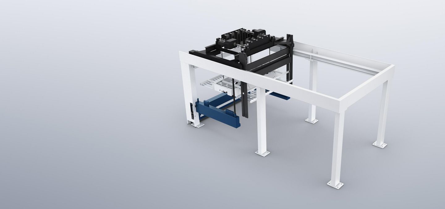 Fastest storage connection
The frame solution, LiftMaster Store, is directly connected to the store and requires minimal space. In return, it offers more latitude to design your production to meet your specific needs. Here, the LiftMaster Store is assisted by a number of tried-and-tested TRUMPF technologies. Examples include the suction frame with unloading rakes for automated loading and unloading, or the synchronous loader for increased productivity. With the independent pallet picker crane, the LiftMaster Store can quickly access pallets in the store. This makes it particularly well suited to automated scrap skeleton separation. Connection to up to three machines with multiple tool stations is possible with the LiftMaster Store Linear.