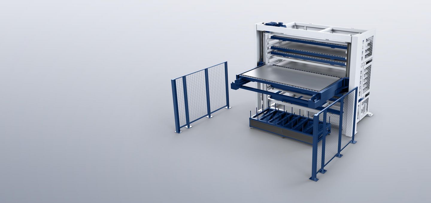 The multiple pallet changer
With the PalletMaster Tower, you can start unmonitored production affordably. It combines the automatic changing of pallets with compact storage technology. It can store up to 20 pallets of various materials and process them in a fully automatic fashion. In so doing, it uses a separate pallet for every material type and every sheet. The PalletMaster Tower changes thin sheets with minimal scratching and ensures that thick sheets can be processed unmonitored for a long time. This saves times and reduces costs.