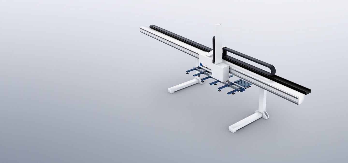 Optimal loading and unloading
The SheetMaster loads and unloads your punching or punch laser machine and sorts parts reliably. Suction cups take sheets or blanks from the loading station and move them to the machine table. The SheetMaster deposits finished parts on an unloading platform. By using various suction cups, you can process an extensive variety of applications, depending on machine type.