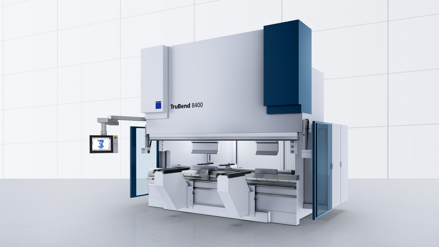 Flexible large-format machine
The machines in the TruBend Series 8000 impress with their precise versatility, a usable open height of up to 34 inches, large throat depths and a max press force of 1,000 tons. You can process particularly large and heavy parts up to a length of 26 feet. You can also bend smaller workpieces at several bending stations. Innovative characteristics such as lower tool displacement, CNC-controlled crowning, and the 6-axis backgauge provide you with complete application freedom. The work of the operator is made easier through numerous options such as the angle measuring system, the control – which is simple and intuitive to use – as well as clever ergonomic solutions such as the ToolShuttle.
 