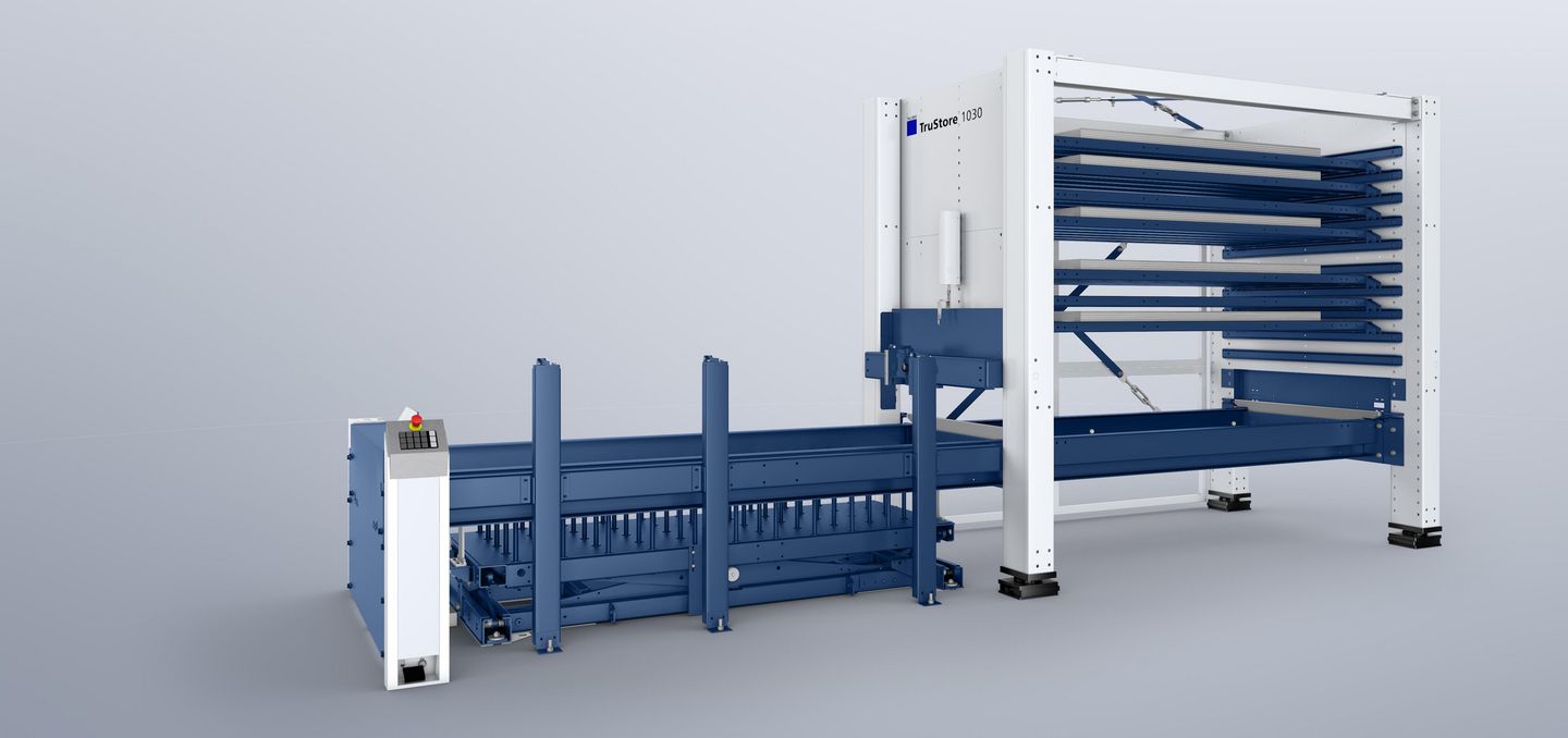 The practical compact store
The ideal entry point into TRUMPF storage technology: The reliable and efficient TruStore Series 1000 compact store makes material handling easier for you. The TruStore Series 1000 can be integrated seamlessly into your automated sheet metal production. The storage system is connected to your machine via the LiftMaster Store or LiftMaster Store Linear. Integrating a pallet picker crane upgrades your compact storage system to the TruStore Series 3000
 
 